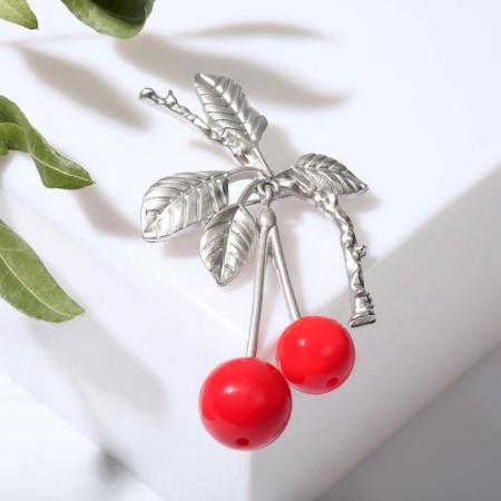 Brooch "Cherry" with leaves, mobile, red color in matte silver