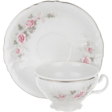 Cup 205 ml with a saucer 155 mm low bernadotte, decor "Pale roses, platinum layout"-1
