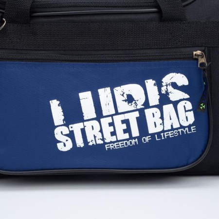 Road bag with lightning, 3 outer pockets, long belt, black/blue color-2