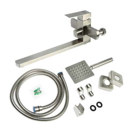 Zein bath mixer, square, pour 35 cm, with a shower set, stainless steel, satin-10