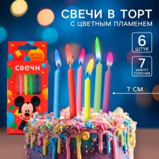 A set of candles in a cake 6 pieces, with a colored flame, Mickey Mouse