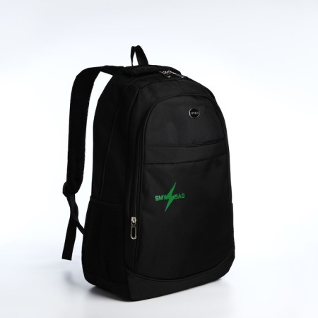 Young backpack from textiles with a zipper, 4 pockets, black/green color-2