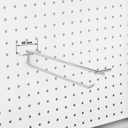 A single hook with a valuic holder for a metal perforated panel, step 50 mm, d = 4.8 mm, l = 250 mm, color chromium-1