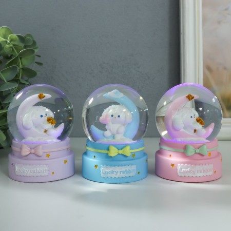 Souvenir Polystone Water Ball Light "Bunny on the crescent" mix 6x6x8.5 cm-1