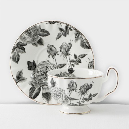 Service Porcelain Tea Black Rose, 12 items: 6 mugs 220 ml, 6 saucer d = 15 cm, white color-2