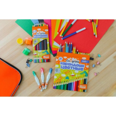 Pencils are bilateral, sharpened, 12 pieces, 24 colors, triangular, wooden body, in a cardboard box-7