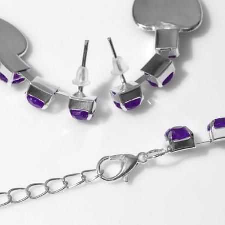 Set 4 objects: earrings, necklaces, bracelet, ring "heart" circles, purple color in silver-1