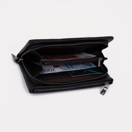 Male purse with zipper, department for bills, for maps, for coins, black color-4