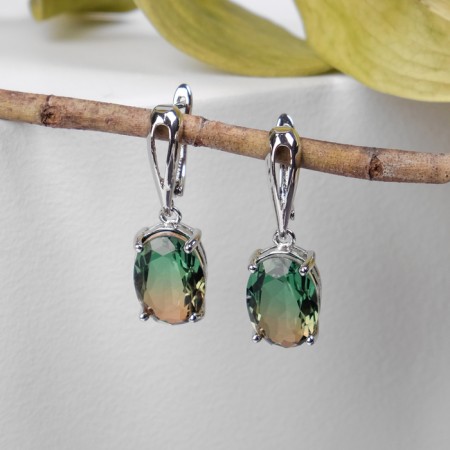 Earrings with rhinestones "Illusion" Ovol voluminous, brown-green color in silver-1