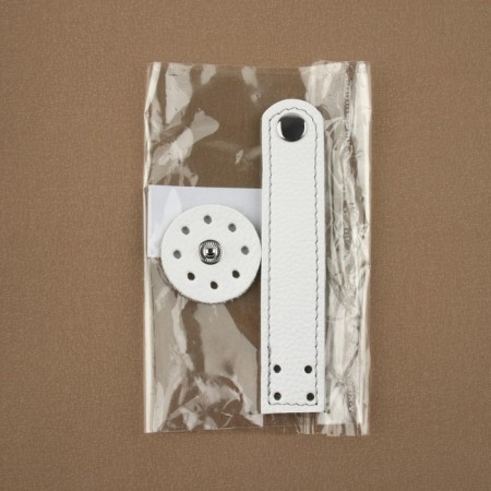 The fastener is sewn for a bag, on a button, made of genuine leather, 13.5 × 2.5 cm, white/silver color-5