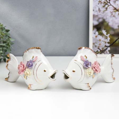 Souvenir ceramics "Two white fish with flowers" set 2 pcs 14.5x9.5x22 cm