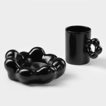 Coffee steam ceramic "chamomile", 2 items: 260 ml mug, saucer d = 17 cm, black color is black-1
