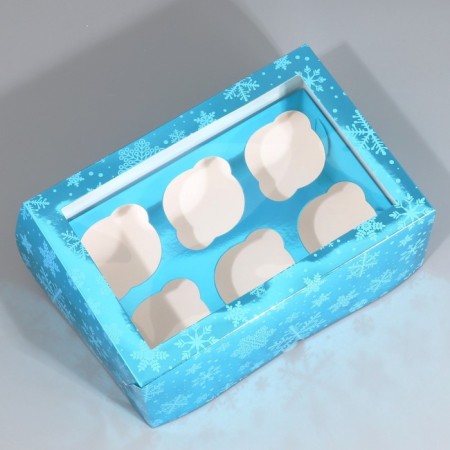 Folding box for 6 cupcakes with the Snowflake window, 25 x 17 x 10 cm, New Year-2