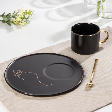 Tea couple ceramic with a spoon "Silhouette", 2 items: 260 ml mug, plate d = 19.6 cm, MIX drawing-2