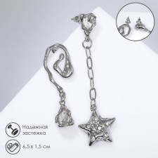 Hanging earrings with rhinestones “Star” with a spiral, white color in silver, 6.5 cm