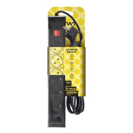Network filter, 5 nests, 3m, s/h, curtains, PVS 3 IP0.75, 2USB, 2200W, 10A, Chern, 32593-7