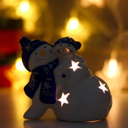 Souvenir Ceramics Light "Snowmen, blue caps and scarves" 10x12x8 cm-1