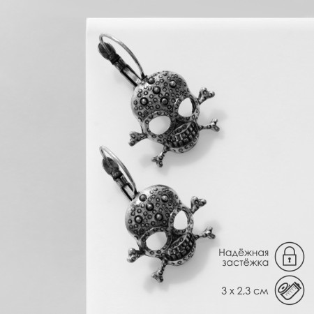 Earrings "Skull" in circles, color black silver