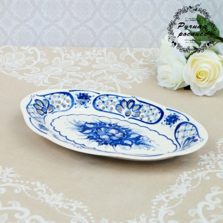 Openwork dish, Gzhel, Porcelain, 30x20 cm