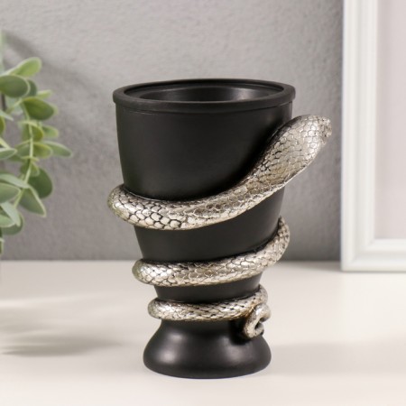 Polystone candlestick for 1 candle "Snake and Cup" silver 11.5x10x14.3 cm-1