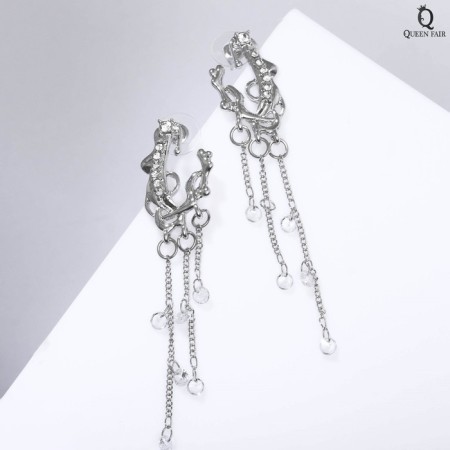 Hanging earrings with rhinestones "Firebird" with drops on a chain, white color in silver, 7 cm-1