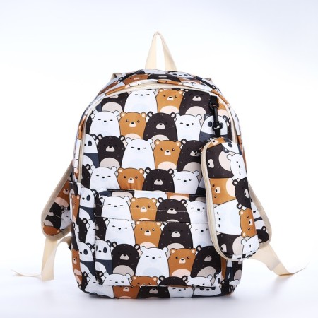 School backpack of textiles on a zipper, 3 pockets, pencil case, white/brown color-3