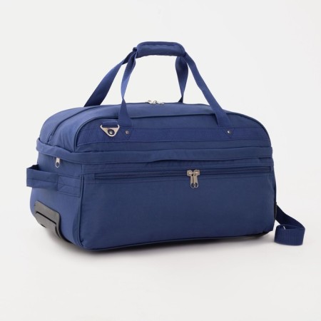 Road bag on wheels, a lightning department with an increase, an outer pocket, a long belt, the color is blue