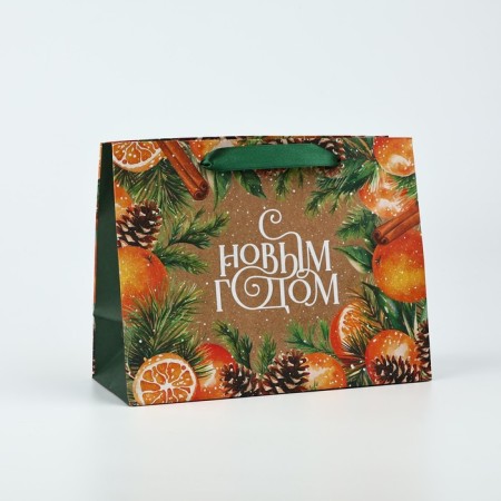 Craft vertical package “Happy New Year”, tangerines, MS 18 x 23 x 10 cm, New Year-1