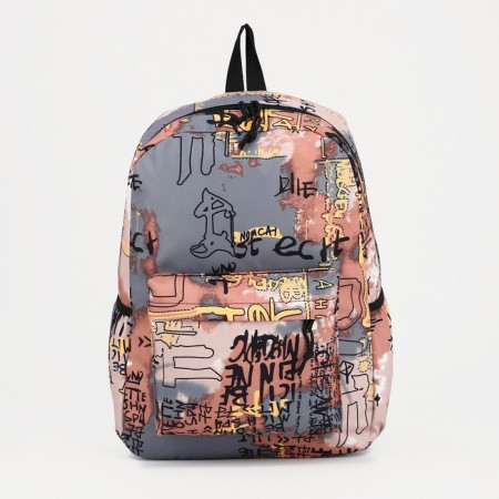 School backpack from textiles on a zipper, 5 pockets, pink/gray color