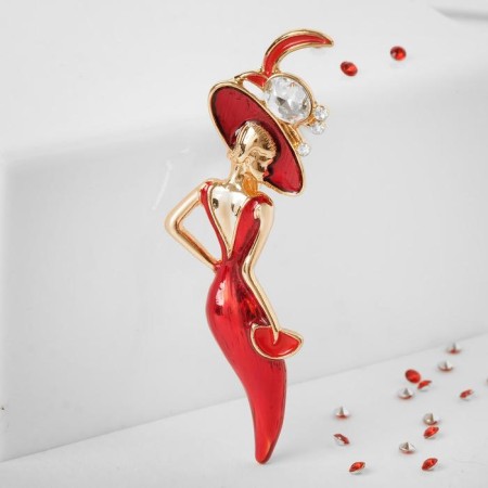 Brooch "Lady" in a hat, red color in gold