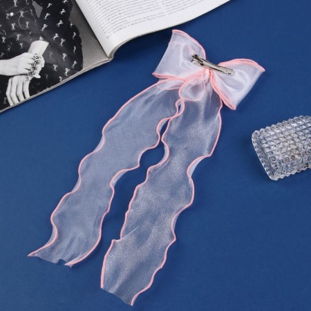 Hair clip "Schoolgirl" bow, 13x23 cm, white with pink cantik-2