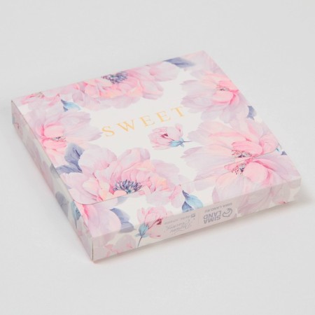 Chocolate box, confectionery packaging, “flowers”, with a window, 10.2 x 1.4 x 10.2 cm