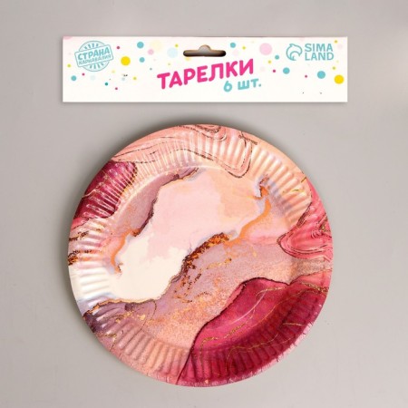 Disposable paper plate "pink marble", set 6 pcs, 18 cm-1