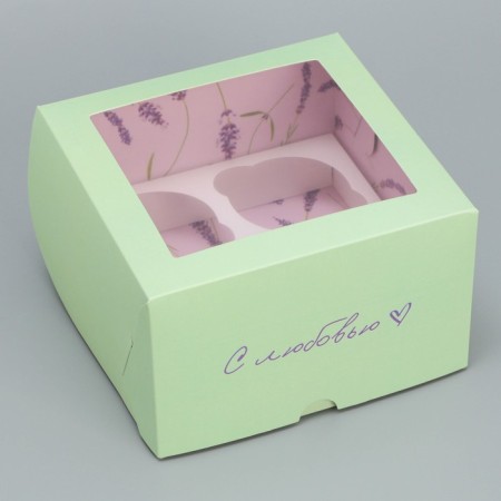 Capcake box, confectionery packaging double -sided, 4 cells “With Love”, 16 x 16 x 10 cm