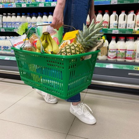 Plastic consumer basket, 30 l, 2 metal handles, green color-3