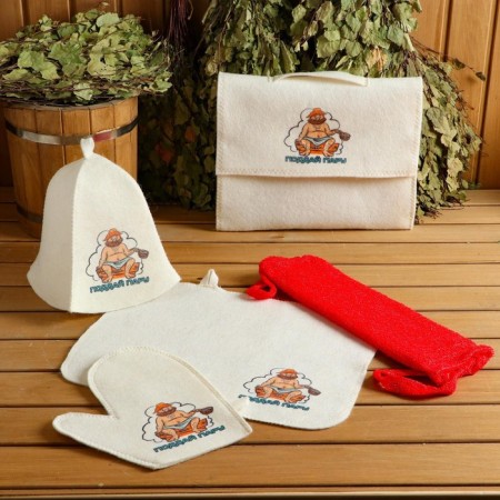 Set for a bathhouse and sauna 5V1 (bag, hat, mittens, rug, washcloth), with a pair print, white-9