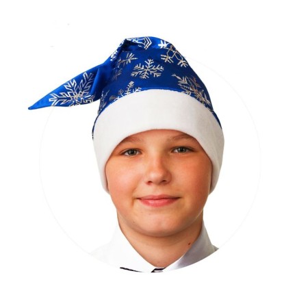 New Year's cap, blue color with snowflakes, satin