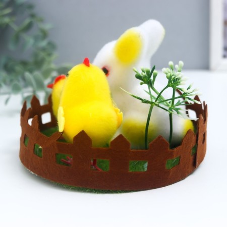 Easter souvenir "Rabbit and two chicken on the lawn with flowers" 14x14x10.5 cm-3