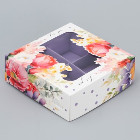 Box for sweets, confectionery packaging, 4 cells, “Flowers”, 10.5 x 10.5 x 3.5 cm