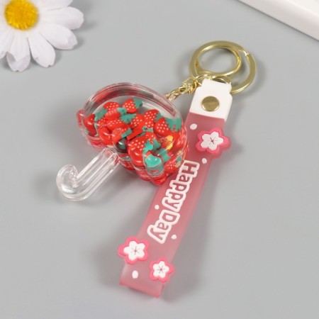 A keychain plastic with a carbine, a strap "Umbrella with a strawberry" Water with a decor 6x5x2 cm-2