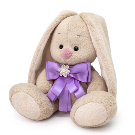 Soft toy "Bunny Mi", with a bow of lavender color and a brooch, 15 cm-1