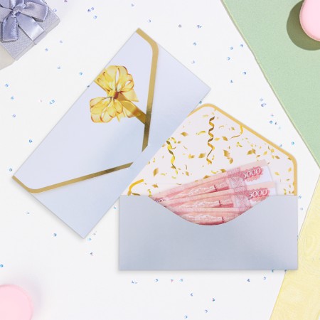 Money envelope "Universal" gold bow on white, embossing, 19.5 x 9 cm