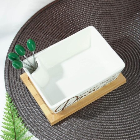 Ceramics dish on a wooden stand “House where joy”, 15.5 x 11.3 cm, white color-1