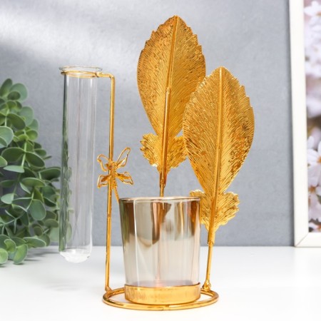 Summary Metal, glass for 1 candle with a vase "Golden feathers" D-5 cm, 7.5x14x19.6 cm-1