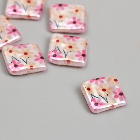 Bead for creativity plastic "Pearl flat square with flowers" 0.5x1.6x1.6 cm