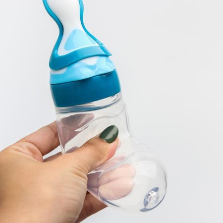 A bottle for feeding, silicone, with a spoon, from 5 months, 90 ml, blue color-1