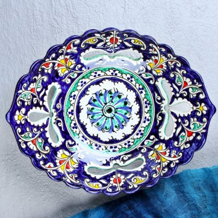 Rishtan ceramics "Flowers", 27 cm, blue, corrugated, oval-5