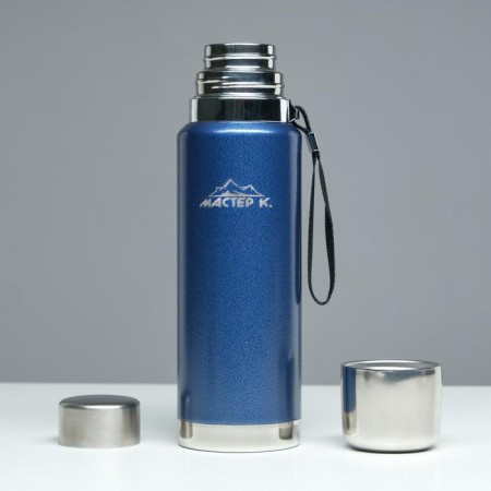 Thermos, 1 l, the journey "Master K.", with a mug and a strain, retains heat 48 hours, blue-1