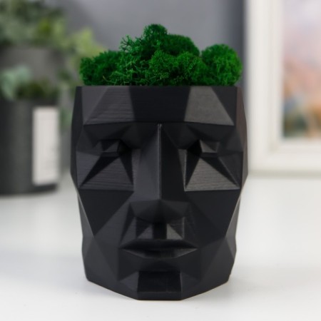 Concrete Kashpo "Head" with moss height 8.5 cm black (moss green stabilized)