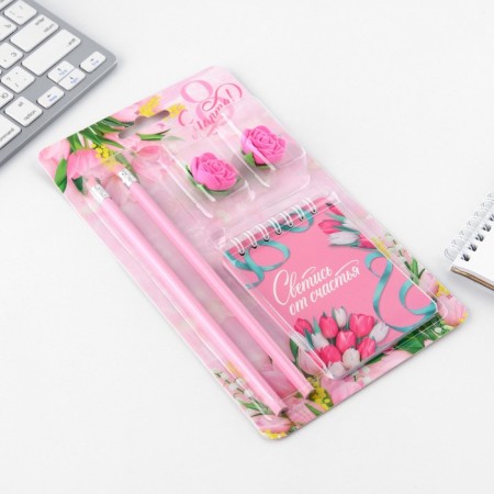 Chancellery set "since March 8", pencils 2 pcs, eraser 2 pcs, notebook-2